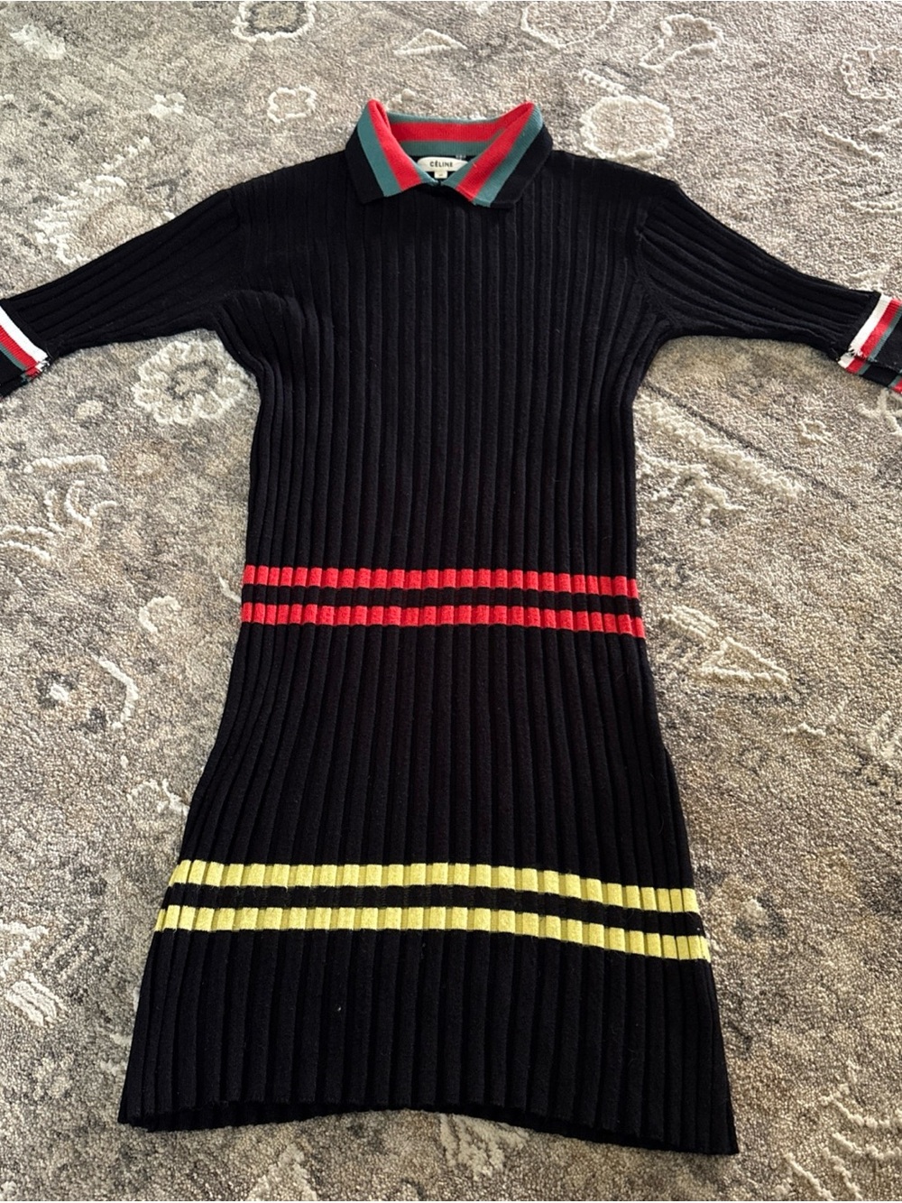 Celine Black Ribbed Polo Midi Dress with Red and Yellow Stripes - Picture 3 of 16